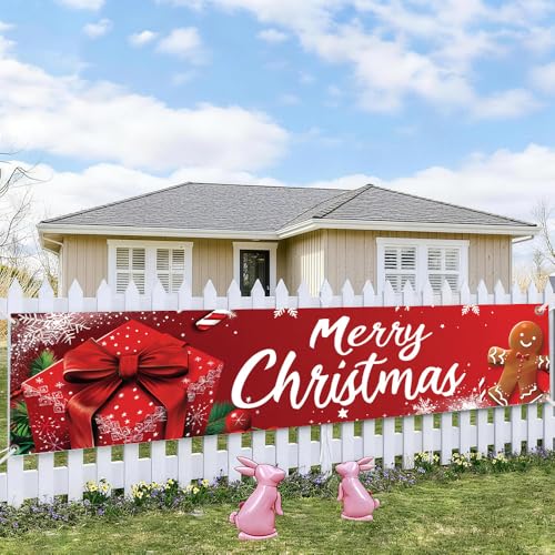 Image of Red Gift Box Christmas Banner 78.7 x 17.7 Inch Gingerbread Candy and Ribbon Bow Design Holiday Backdrop for Home Yard Garden Fence or Indoor Wall Decoration Celebration Display