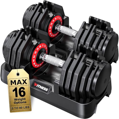 Image of Rendpas Adjustable Dumbbell Set for Home Gym Strength Training | 25 /55 /80LB Pair, 10-in-1 /16-in-1 Weight Set, 1-Sec Quick Adjust, Non-Slip Knurled Grip, Dual-Lock Safety, Space-Saving Tray