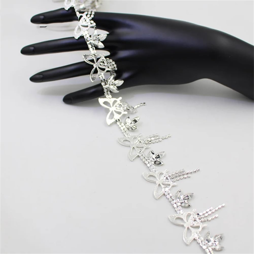 1/5Yard Butterfly Hollow Out Metal Chain Crystal Tassel Rhinestone Trim for Clothing Wedding Dress Silver 5 Yards