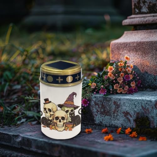 Image of Poceacles Solar Lights Outdoor Grave Candle for Cemetery Decoration Solar Outdoor Lights for Garden Lawn Backyard Pathway Decor, Skull Black Cat Leaf Print, Pack of 6