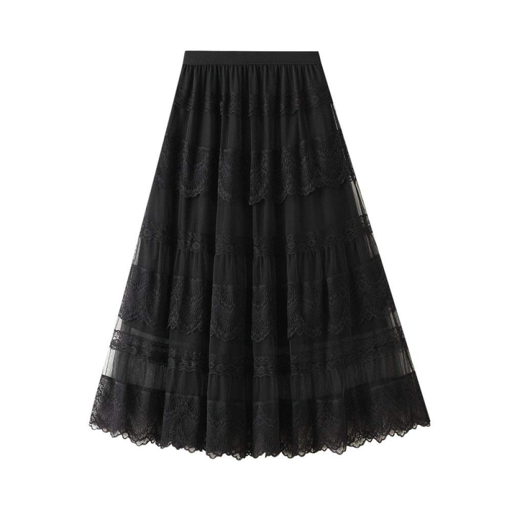 Mehrlagiger Damen-Midirock Aus Tüll, Vintage-Spitzen-Mesh-Röcke, Schwarz, Elastischer Faltenrock Mit Hoher Taille, Gerüschter Rüschenrock In A-Linie, Eleganter Langer Rock Für Damen Und M