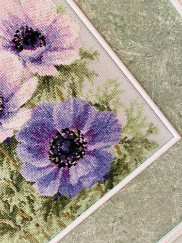 Image of RIOLIS - Purple Anemones 2176, Cross Stitch Kits 11 inch x 11 inch, Cross Stitch Kits for Adults, Floral Counted Cross Stitch Kits, Embroidery Kit for Beginners & Advanced, Crossstitching Kits