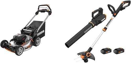 Miniatura 1 de WORX Paquete de cuidado del césped inalámbrico de 20 V y 40 V con recortador de cuerdas, soplador de hojas y cortacésped autopropulsado