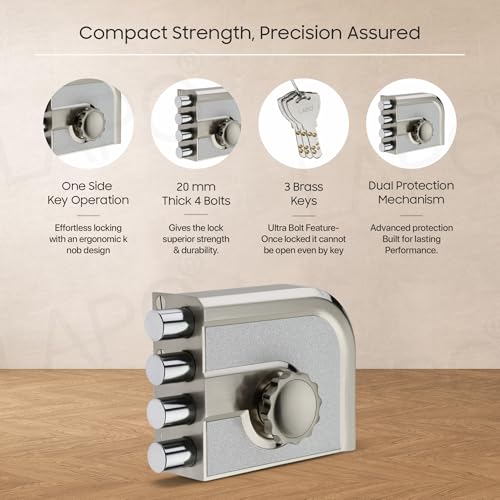 Image of LAPO Mega Bolt Heavy Duty Main Door Lock, Four Bullet Deadbolt Security Lock Set, One Side Key System, Reversible for Left & Right-Hand Wooden Doors, Rust-Resistant, 3 Years Warranty(Matt Finish)