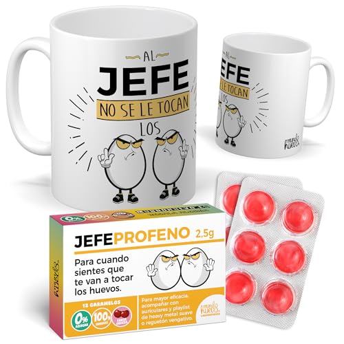 mundohuevo Pack Taza Al jefe no se le toca... + Caramelos JEFE PROFENO – Regalo divertido para jefes – Detalle gracioso de cumpleaños u oficina | Tazas Divertidas día del Padre | Capacidad 350 ML mundohuevo Pack Taza Al jefe no se le toca... + Caramelos JEFE PROFENO – Regalo divertido para jefes – Detalle gracioso de cumpleaños u oficina | Tazas Divertidas día del Padre | Capacidad 350 ML