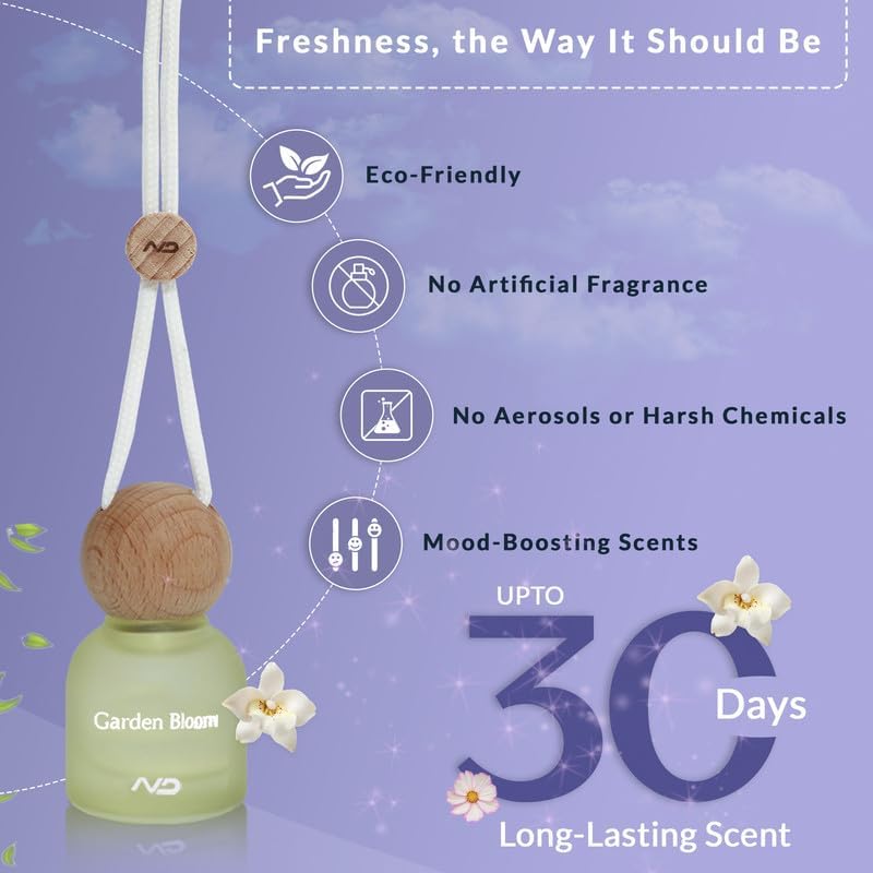 Image of NEODRIFT 'NeoBliss' (Set of 1) | (Garden Bloom) Car Hanging Diffuser Car Perfume & Air Freshener in Glass Bottle with Wooden Lid & Long Lasting Scent - 10ml