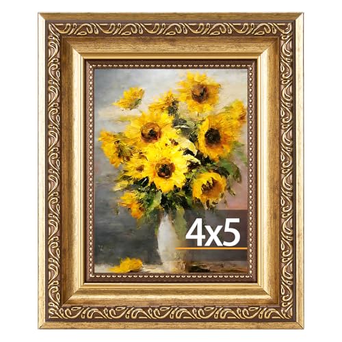 JCJMY 4x5 Vintage Picture Frame Elegant Retro 4 by 5 Photo Frame with Shatter-Resistant Plexiglass for Wall or Tabletop Display Gallery Decor & Gift Gold 1 Pack