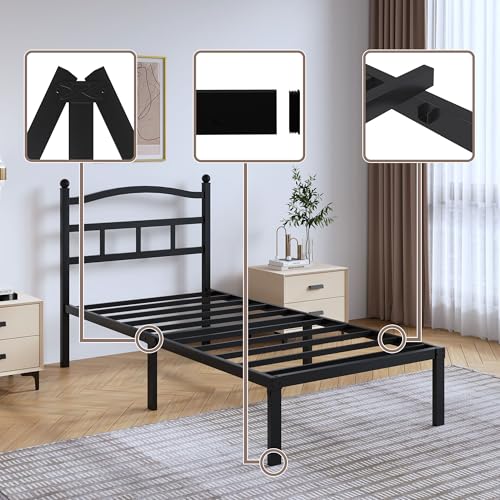 SHOANED 14 Inch Metal Bed Frame - Twin Size Heavy Duty Bedframe with Headboard Black Basic Steel Slats Platform No Box Spring Needed/Easy Assembly/Noise Free by SHOANED - Image 6