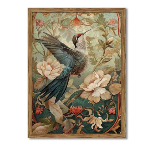 Framed Vintage Hummingbird Wall Art, Floral Bird Wall Decor Paintings, 3D Sandstone Textured Nature Botanical Pictures Prints Aesthetic Home Decor for Living Room Bedroom Bathroom Office 12x16 inch