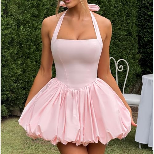 Image of Women's Y2K Sexy Halter Corset Mini Dress Backless Corset Bubble Ruched Waist Club Party Dresses
