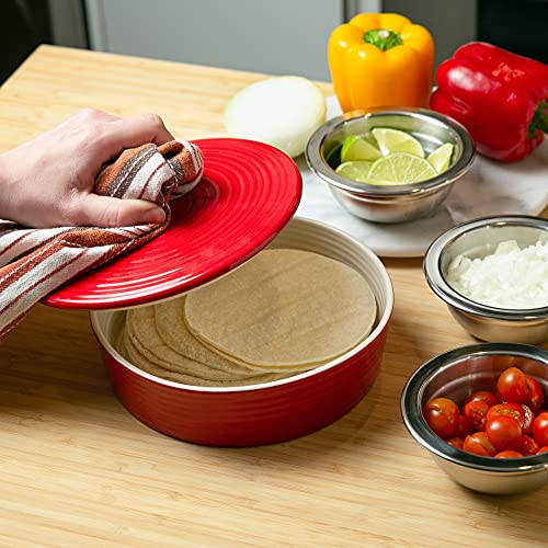 Rsvp International Stoneware Tortilla Warmer & Server With Lid, Dishwasher, Microwave And Oven Safe, 8" Dia X 3", Red #TOP3