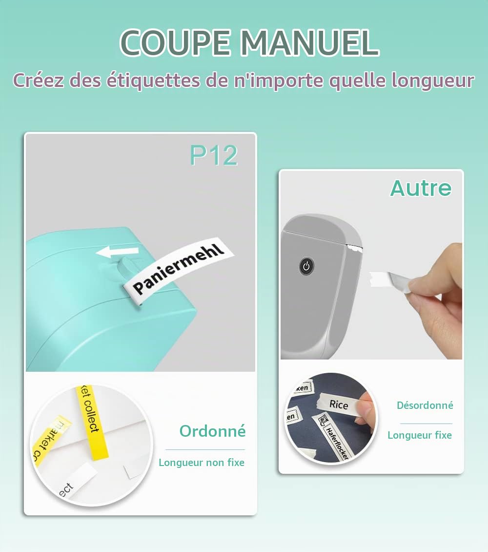 Phomemo P12 Étiqueteuse: pour Vêtements, école, Cuisine et Bureau | 3-en-1: Étiquettes autocollantes, thermocollantes et rubans satin. Avec l'app Print Master. Idéal pour vêtements