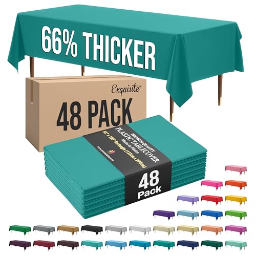 Image of Exquisite Teal Rectangle Tablecloth 54 inchx108 inch - 48 Pack | Plastic Tablecloth, Disposable Table Covers Rectangle for Parties, Weddings, Holidays & Party Supplies