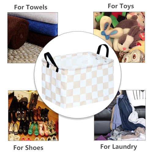 Image of MAIZMZ Beige Check Storage Basket Baby Toys Organizer Bins Decorative Gifts Bakset Waterproof Nursery Hamper Women Storage Cube Kids Laundry Basket for Home /Dorm /Kitchen /Pet /Office /Closet /Shelf /