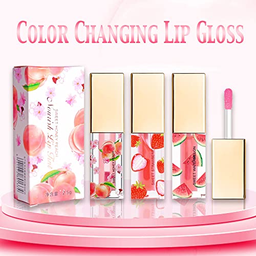 Image of evpct 3Pcs Peach Strawberry Watermelon Mini Clear Color Change Changing PH Tinted Lip Gloss Balm Set for Women Girls Lip Oil Gloss Tint Stain Glaze Pack bulk labiales magicos brillos para labios