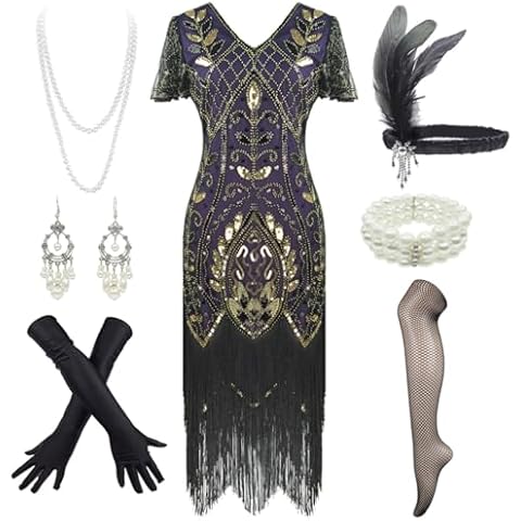 Women 1920s Gatsby Cocktail Sequin Art Deco Flapper Dress (Black&Red, Small) (Small, Purple&Gold) Cover