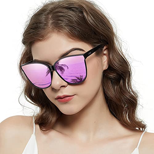 LVIOE Cat Eyes Sunglasses for Women, Polarized Oversized Fashion Vintage Eyewear for Driving Fishing - 100% UV Protection (A3 Black Frame/Violet Polarized Mirrored Lens)
