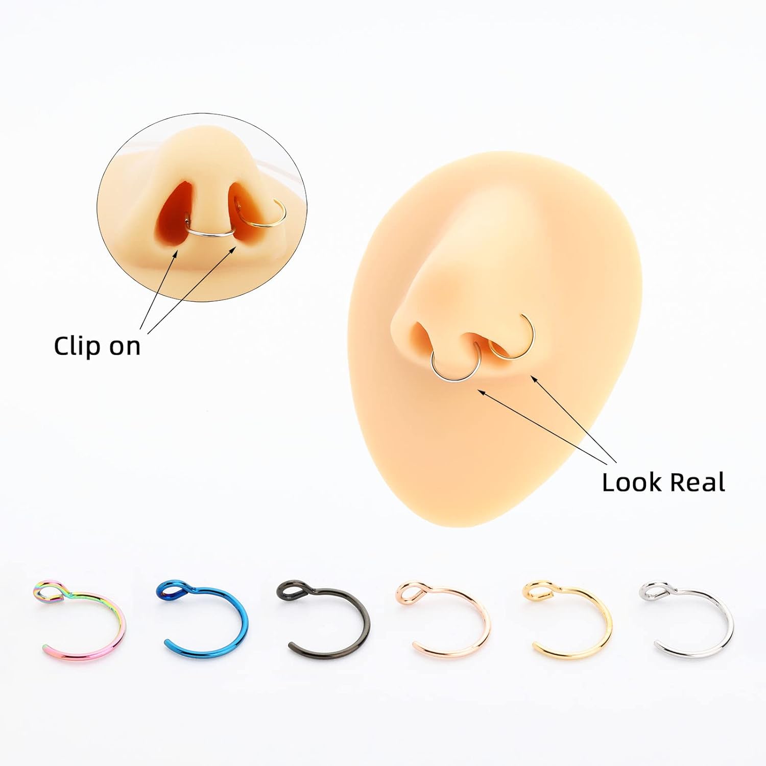 Fake Nose Ring Hoop Clip On, Non Piercing Lip Rings 20G 8mm,Gold Black Rose Gold, Stainless Steel No Pierced for Women Men A03-Silver-Black-Gold