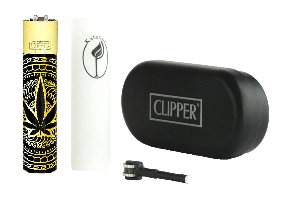 1X Clipper Metal Lighter Large(CP11) Assort (Gold Or Rose Gold) Leaves Pattern + Bundles with KATZONE Silicone Sleeve + Extra Flint System