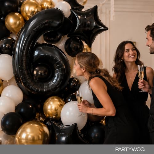 Image of PartyWoo Black Number 6 Balloon 40 Inch 25pcs Black Foil Star White Gold