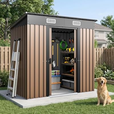 PMEIXU 6x4FT Outdoor Storage Shed, Waterproof Metal Garden Shed with Lockable Sliding Door, Outside Tool Shed for Backyard Garden Patio Lawn Poolside