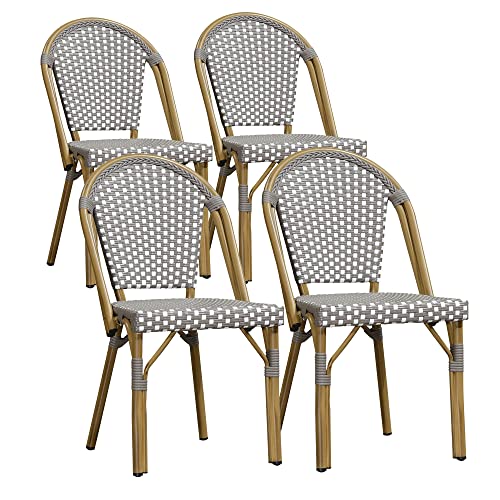 PURPLE LEAF Outdoor Dining Chair Set of 4 Aluminum Rattan Chairs for Outdoor Garden Backyard Bamboo Print Finish Patio Chairs Grey French Bistro Chairs
