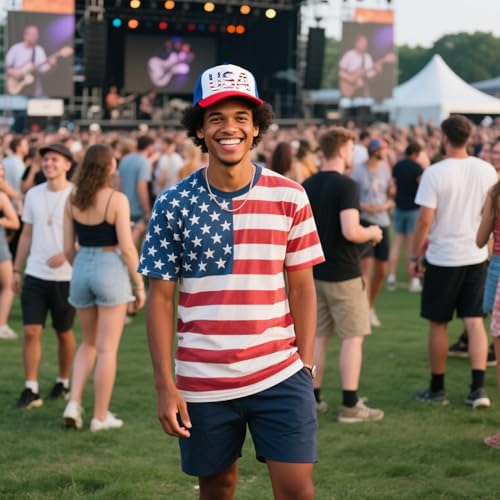 Image of American Flag Trucker Hat USA Snapback Hat 4th of July Patriotic Hats for Men Women