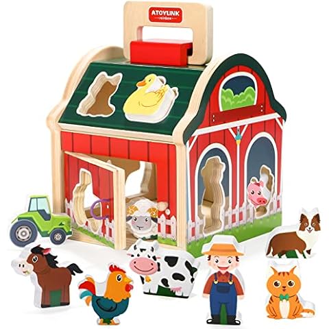 Montessori Toys for 1 2 3 Year Old Wooden Farm Take Along Shape Sorter Toys Matching Sorting Barn Farm Animals Playset Early Development Learning Toys Preschool Gifts for Baby Toddlers Boys Girls Cover