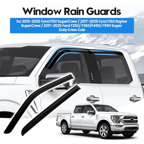 Image of F150 Rain Guards - Window Visors for Ford F150 SuperCrew 2015-2026, Ford F250, F350, F450, F550 Super Duty 2017-2026 Crew Cab, Out-Channel Side Window Rain Guards, 4PCS, Black, Car Accessories