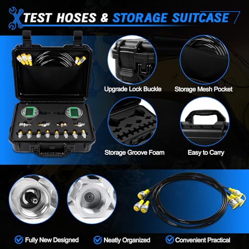 Image of Digital Pressure Gauge Kit with Test Hoses Couplings, Hydraulic Gas Water Pressure Test Kit with Backlight Set (2 70MPA 3 Hoses 12 Couplings)