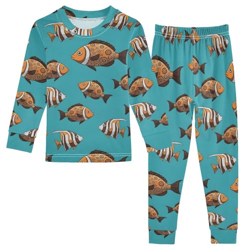 Pajama Sets Long Sleeve Colorful Fish on Blue Soft Comfy Sleepwear 2 Piece PJS 3-8T