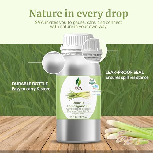 Image of SVA Organic Lemongrass Essential Oil, Large Size, 16 Fl Oz (473 ml) | Lemongrass Oil for Diffuser, Humidifier, Home Fragrance, Room Spray, Skin, Body Massage, Soap Making, Candle Making & DIY
