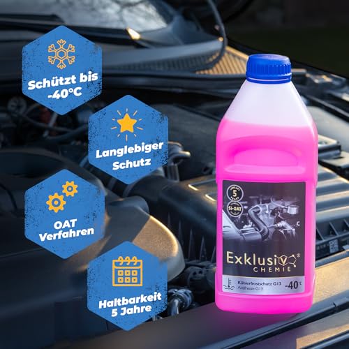 Exklusiv Chemie® G13 Kühlerfrostschutz bis -40° - 1000ml - 5 Jahre | Kühlflüssigkeit Auto | G13 Kühlmittel Auto | Gebrauchsfertig | Langlebiger Schutz