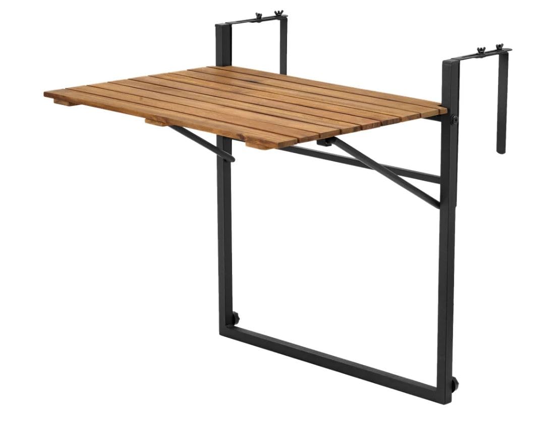 QLS Mesa plegable para balcón, mesa colgante, mesa auxiliar, mesa colgante para balcón, mesa ajustable, plegable, madera de acacia, balcón, terraza
