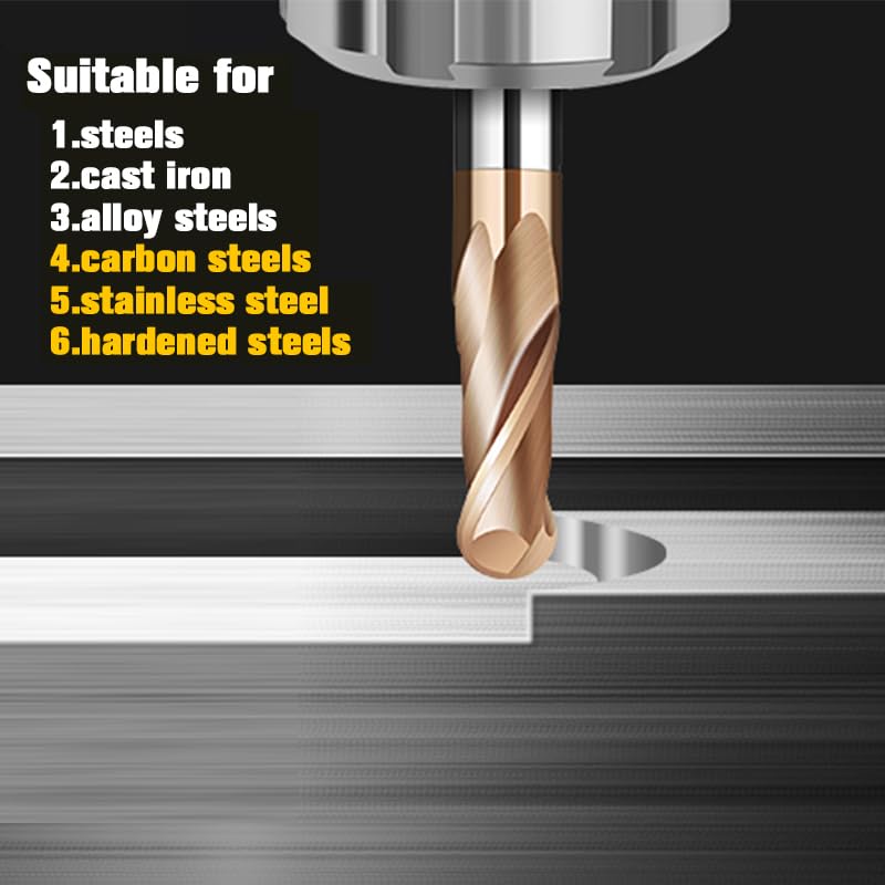 2 Flute End Mills 5-Piece Carbide Ball Nose End Mill Set - 2 Flute Nano Coated Milling Cutters For Steel, HRC65, R0.5 To R2.0mm Carbide End Mills