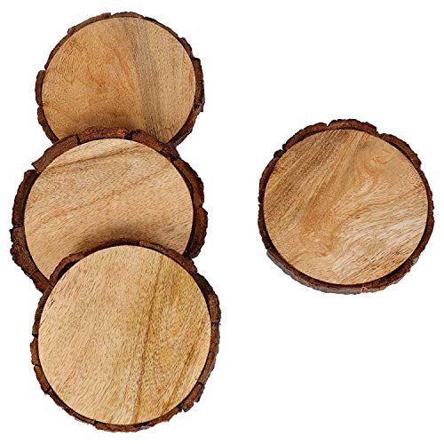 Image of Handmade Large Natural Mango Tree Wooden Bark Coasters with Hemp Tie - 3.5 inch, Brown - Set of 4