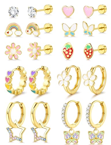 JeweBella 10 Pares Pendientes Niña Plata/Oro Acero Inoxidable Pendientes Hipoalergenicos Niña Aros Corazón Flor Mariposa Arcoíris Juego de Pendiente Pequeños Bebe Mujer