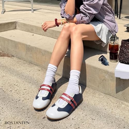 Image of BOSTANTEN Ballet Sneakers Mary Jane Flats for Women, Retro Trainer Style | Cute Retro and Y2k Style, Double Adjustable Straps, Lightweight Flexible Sole, Soft Suede Round Toe, Breathable Lining