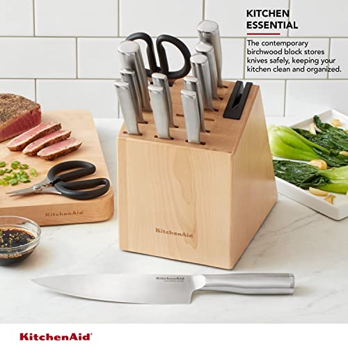 Image of KitchenAid Gourmet 14 piece Forged Stainless Steel Knife Block Set with Built in Knife Sharpener, Japanese Stainless Steel, Sharp Kitchen Knife Set with Block, Birchwood