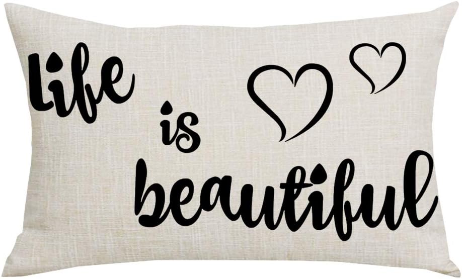 WENIANRU Black Word Art Life is Beautiful Inspirational Home Sofa Chair Bed Decoration Lumbar Pillowcase Cotton Linen Decorative Throw Pillow Cover Case Rectangular 12 x 20 Inches