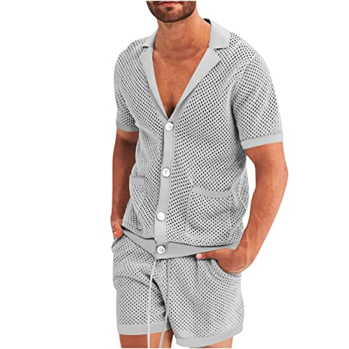 Men's Mesh Shirts And Shorts Sets Summer 2 Piece Outfits Button Down Knit Tops And Beach Shorts Sports Jogging Suits Gray #TOP15