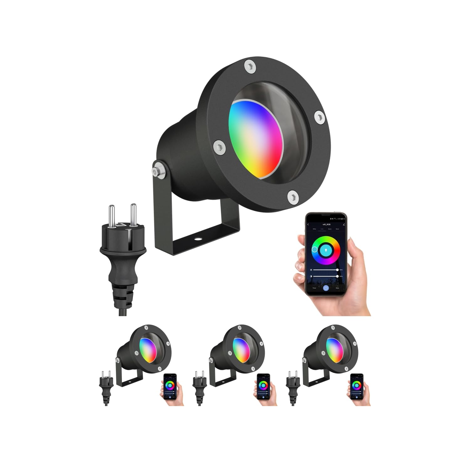 ledscom.de 4x LED Gartenstrahler DUK schwarz für außen, Aluminium, IP65, inkl. Smart Home RGBW GU10 LED Lampe, 5,41W, 473lm