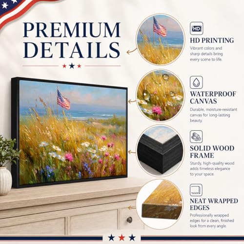 Image of American Flag Framed Canvas Wall Art, 4th of July Floral Canvas Prints, Wildflower Landscape Patriotic Decorations, Vintage Rustic Independence Day Wall Decor for Bedroom Living Room Office 24x32