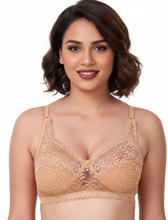Premium Women’s Floral Lace Non-Padded Full Coverage Bra – Wire-Free Support Bralette in Nude-picture-18