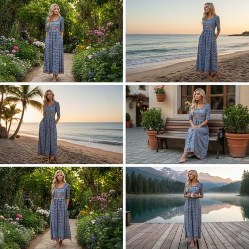 Image of Women's Boho Floral Maxi Dress Casual Boho 2026 Summer Short Sleeve Beach Dresses with Pockets