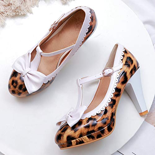 KOKOMOMO Womens Print T-Strap Pumps Bow Mary Jane High Heels Platform Shoes3