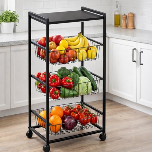 Image of WINSTAR Metal Rolling Trolley with Lockable Wheels | Heavy Duty Multifunctional Storage Cart with Pull-Out Wire Baskets | Fruit Vegetable Organizer Rack with Tabletop (Black, 3-Tier wd Tabletop)