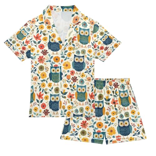 senya Cute Owl Leaves 1 Satin Summer Pajama Sets Silk Short Sleeve Button Down Sleepwear