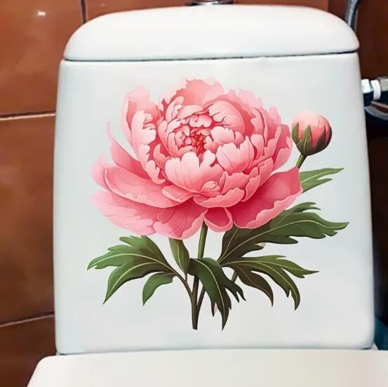 Christmas Peony Flower Vinyl Toilet Cover Sticker Decals Waterproof Toilet Lid Tank Seat Decals Cistern Self-Adhesive Bathroom Wall Sticker