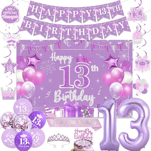 Decoración de feliz cumpleaños número 13 para evitar fiestas aburridas con globos morados